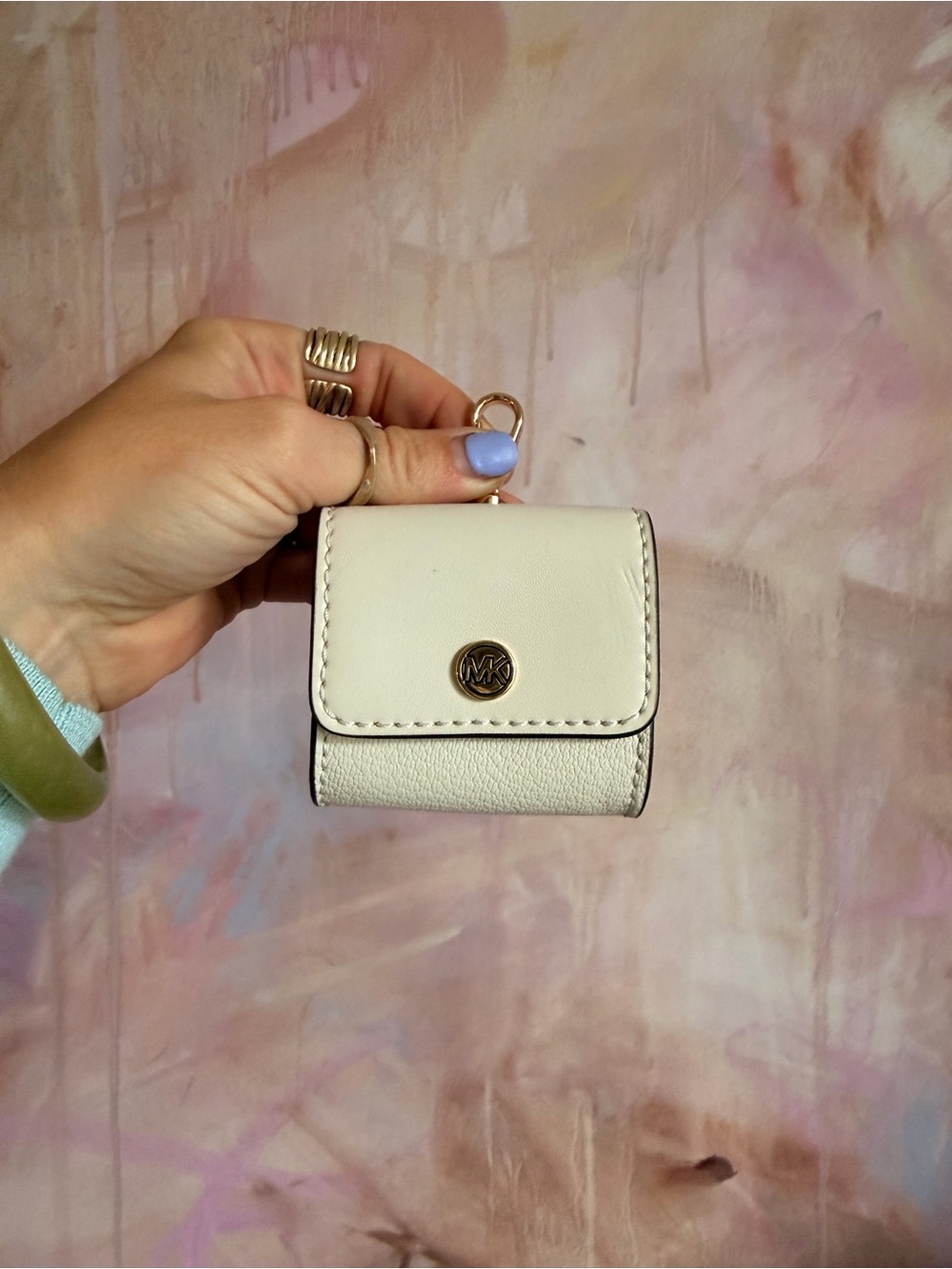 Michael Kors Ivory Leather Key Case or AirPod case with Gold MK Emblem